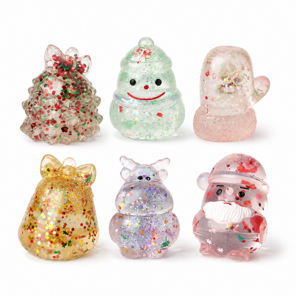 Christmas Squishy Toys, Glitter Holiday Sensory Stress Relief Fidget Toys, Cute Santa Snowman Tree Squeeze Toys for Chri