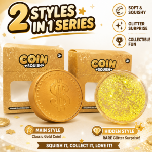 Golden Coin Squishy Toy – Clear Glitter Filled Soft Sensory Stress Relief Toy