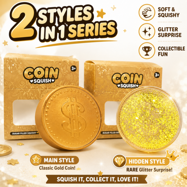Golden Coin Squishy Toy – Clear Glitter Filled Soft Sensory Stress Relief Toy