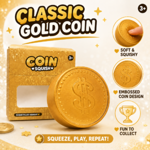 Golden Coin Squishy Toy – Clear Glitter Filled Soft Sensory Stress Relief Toy