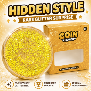 Golden Coin Squishy Toy – Clear Glitter Filled Soft Sensory Stress Relief Toy