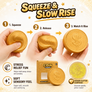 Golden Coin Squishy Toy – Clear Glitter Filled Soft Sensory Stress Relief Toy