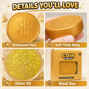 Golden Coin Squishy Toy – Clear Glitter Filled Soft Sensory Stress Relief Toy