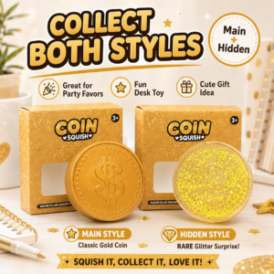 Golden Coin Squishy Toy – Clear Glitter Filled Soft Sensory Stress Relief Toy