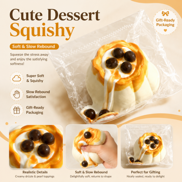 Silicone Pearl Creme Brulee Pudding Squishy Toy in PVC Bag