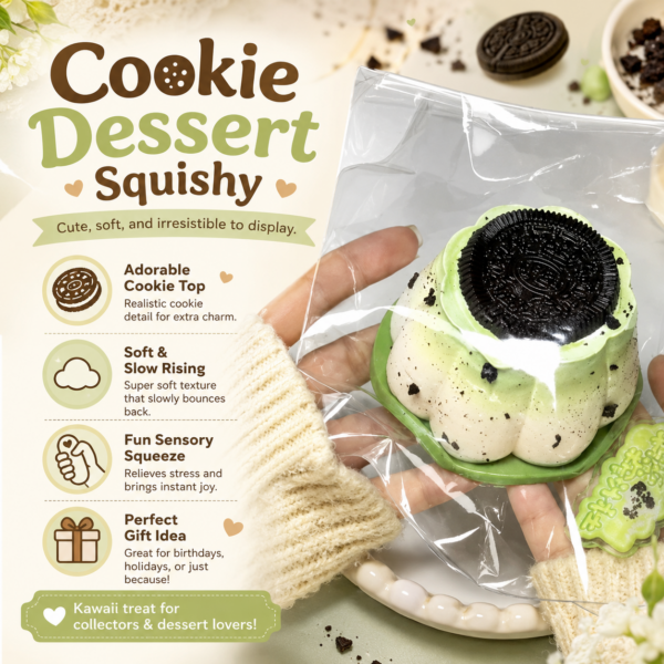 Matcha cookie dessert squishy toy with OREO-style topping