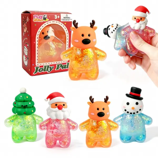 A soft, squishy toy shaped like a Santa Claus snowman, with a red hat and white body, sitting on a surface.