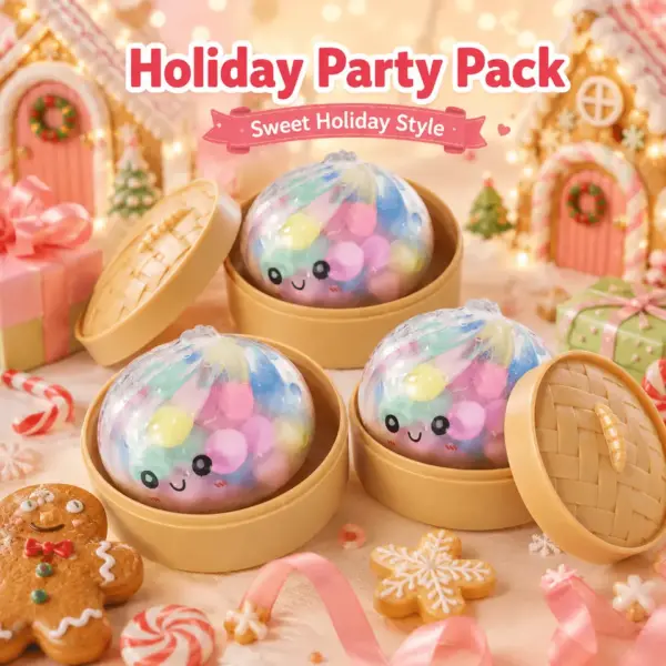 A soft dumpling-shaped squishy toy with colorful beads visible inside, held in a hand