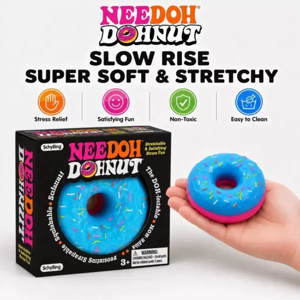 Donut stress toy with glossy icing and colorful sprinkles in blue, pink, and brown