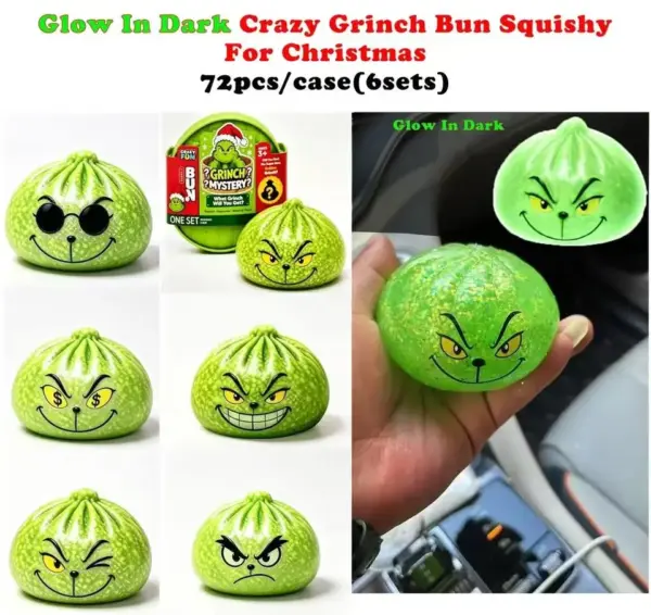 Glow-in-the-dark green fuzzy Grinch bread-shaped squeeze toy in a blind box, 8.5cm