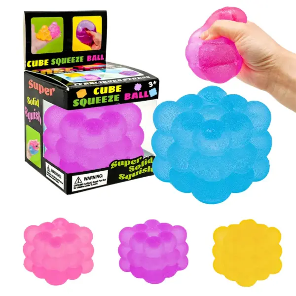 Translucent pink bubble cube squeeze ball with rounded lobe texture held in a hand