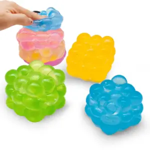 Colorful bubble cube squeeze balls in pink, blue, yellow, green and purple variants