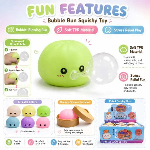 Cute Bao Bread Sensory Fidget Toy, Soft TPR Stress Relief Squeeze Toy with Bubble Blowing Fun, Novelty Gift