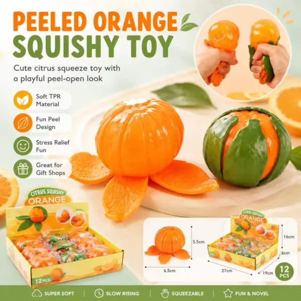 A realistic orange squishy toy with peelable segments, shown in a hand being squeezed.