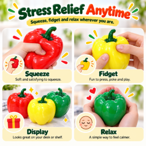 ✨ Realistic Bell Pepper Crunchy Squishy Toy – Handmade Sensory Squeeze Ball in Red, Yellow & Green, ASMR Stress Relief Fidget Toy
