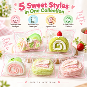 🍰✨ Cute Dessert Roll Squishy Toy Collection – Soft Cream Cake & Swiss Roll Inspired Sensory Squeeze Toys, Kawaii Stress Relief Fidget Gifts