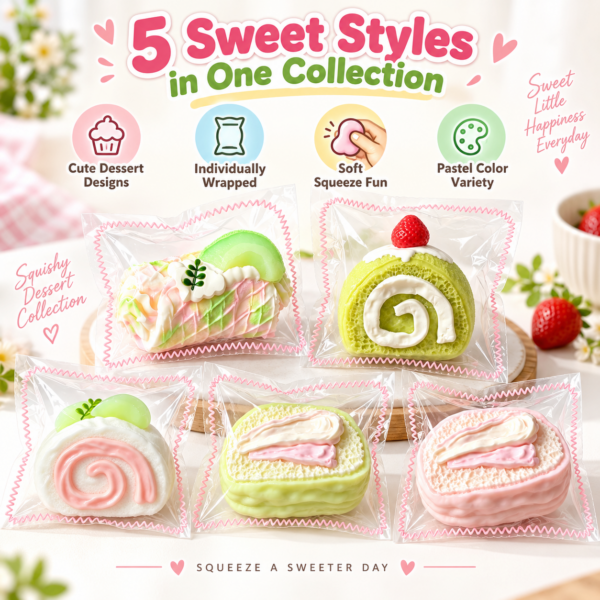 Five individually wrapped pastel dessert squishy items with pink zigzag sealed edges