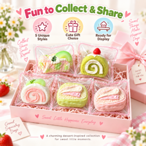 Pastel dessert-themed squishy collection showing pink and green swirled fillings and white cream-like swirls