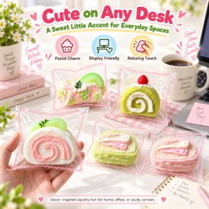 Kawaii squishy assortment with green leaf garnish details and a red strawberry topper on one item