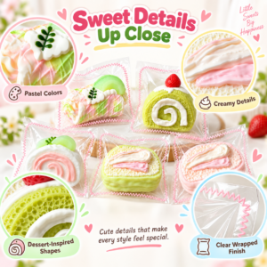 Pink presentation box with shredded paper filler, pink ribbon, and gift tag holding dessert squishy toys