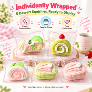 Hand holding one wrapped pastel dessert squishy item with clear plastic wrapper and pink zigzag edge