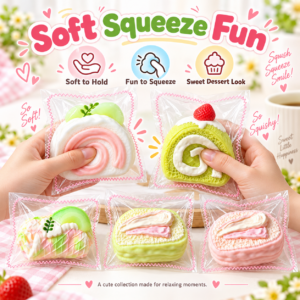 Desk setting with pastel dessert squishy items, mug, notebook, sticky note, books, and plant