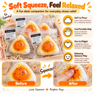 🍙🥚 Triangular Rice Ball Squishy – Food-Shaped Fidget Toy with Egg Topping & Sesame Seeds