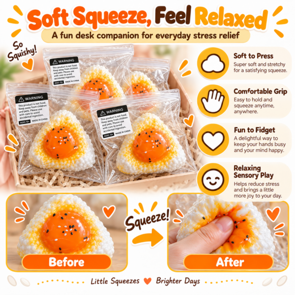 🍙🥚 Triangular Rice Ball Squishy – Food-Shaped Fidget Toy with Egg Topping & Sesame Seeds
