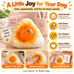 🍙🥚 Triangular Rice Ball Squishy – Food-Shaped Fidget Toy with Egg Topping & Sesame Seeds