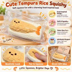 🍤✨ Cute Shrimp Tempura Sushi Squishy Toy – Kawaii Fried Shrimp Rice Sensory Squeeze Toy, Soft Stress Relief Fidget Collectible
