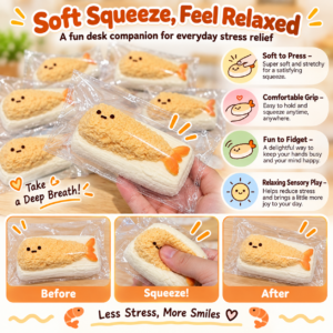 🍤✨ Cute Shrimp Tempura Sushi Squishy Toy – Kawaii Fried Shrimp Rice Sensory Squeeze Toy, Soft Stress Relief Fidget Collectible