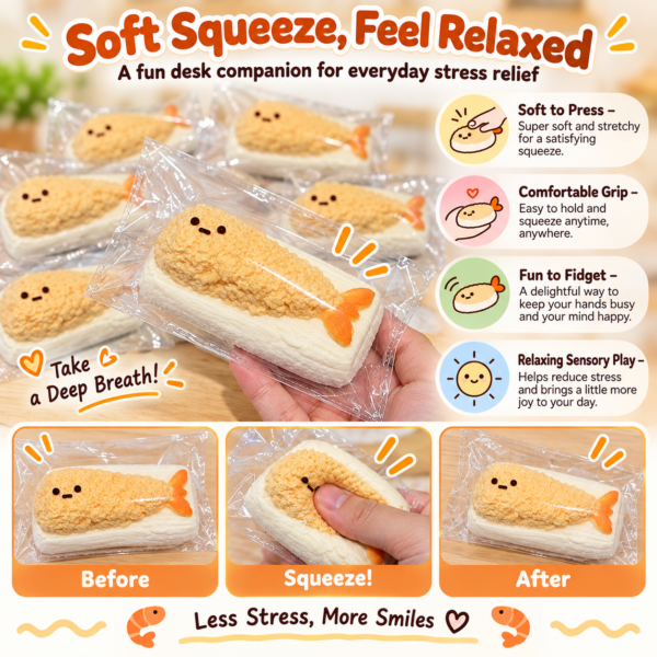 🍤✨ Cute Shrimp Tempura Sushi Squishy Toy – Kawaii Fried Shrimp Rice Sensory Squeeze Toy, Soft Stress Relief Fidget Collectible