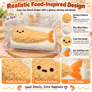 🍤✨ Cute Shrimp Tempura Sushi Squishy Toy – Kawaii Fried Shrimp Rice Sensory Squeeze Toy, Soft Stress Relief Fidget Collectible