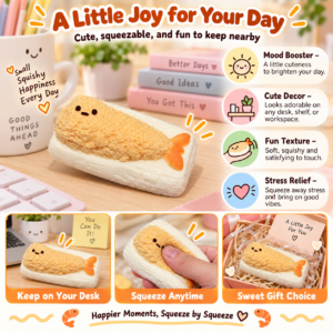 🍤✨ Cute Shrimp Tempura Sushi Squishy Toy – Kawaii Fried Shrimp Rice Sensory Squeeze Toy, Soft Stress Relief Fidget Collectible