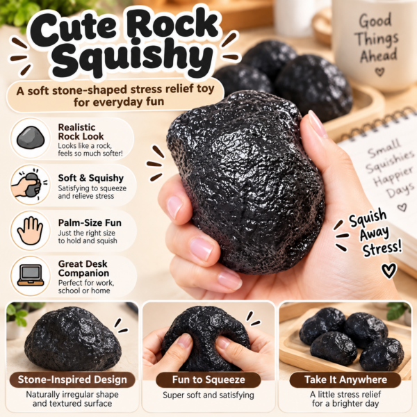 ✨ Realistic Black Stone Squishy Toy – Soft Rock-Shaped Sensory Squeeze Ball, Handmade Stress Relief Fidget Toy