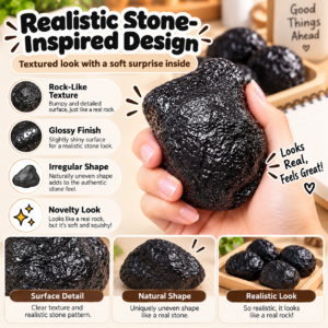 ✨ Realistic Black Stone Squishy Toy – Soft Rock-Shaped Sensory Squeeze Ball, Handmade Stress Relief Fidget Toy