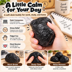 ✨ Realistic Black Stone Squishy Toy – Soft Rock-Shaped Sensory Squeeze Ball, Handmade Stress Relief Fidget Toy