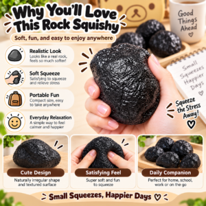 ✨ Realistic Black Stone Squishy Toy – Soft Rock-Shaped Sensory Squeeze Ball, Handmade Stress Relief Fidget Toy