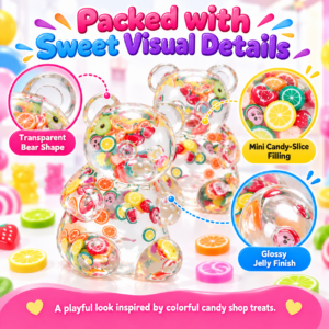 🐻 Clear Bear Squishy Toy with Fruit-Slice Confetti – Kawaii Fidget Figure