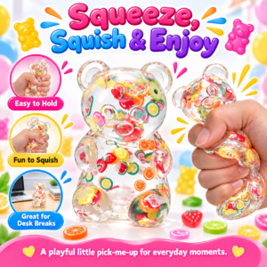🐻 Clear Bear Squishy Toy with Fruit-Slice Confetti – Kawaii Fidget Figure