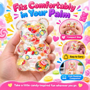 🐻 Clear Bear Squishy Toy with Fruit-Slice Confetti – Kawaii Fidget Figure