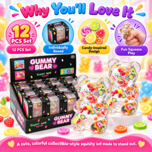 🐻 Clear Bear Squishy Toy with Fruit-Slice Confetti – Kawaii Fidget Figure