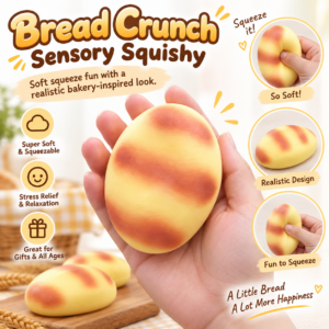 🍞🥐 Bread-Shaped Squishy Toy – Yellow Bun with Orange Baked-Look Markings