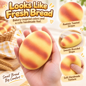 🍞🥐 Bread-Shaped Squishy Toy – Yellow Bun with Orange Baked-Look Markings