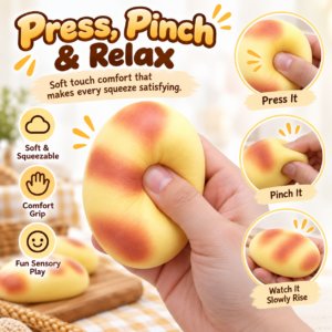 🍞🥐 Bread-Shaped Squishy Toy – Yellow Bun with Orange Baked-Look Markings