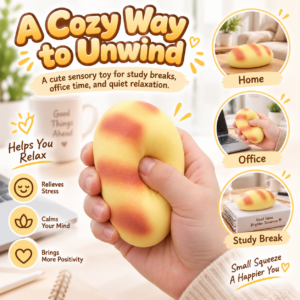 🍞🥐 Bread-Shaped Squishy Toy – Yellow Bun with Orange Baked-Look Markings