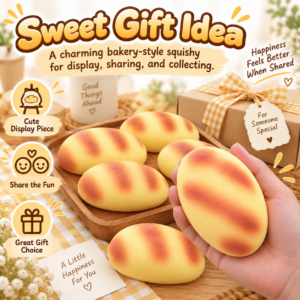 🍞🥐 Bread-Shaped Squishy Toy – Yellow Bun with Orange Baked-Look Markings