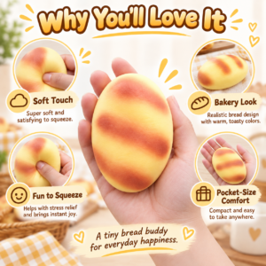 🍞🥐 Bread-Shaped Squishy Toy – Yellow Bun with Orange Baked-Look Markings