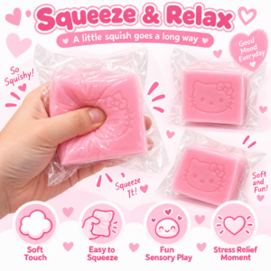 🐱💗 Pink Square Block with Embossed Cat Face | Cute Pink Cat Motif Squishy Toy