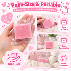🐱💗 Pink Square Block with Embossed Cat Face | Cute Pink Cat Motif Squishy Toy